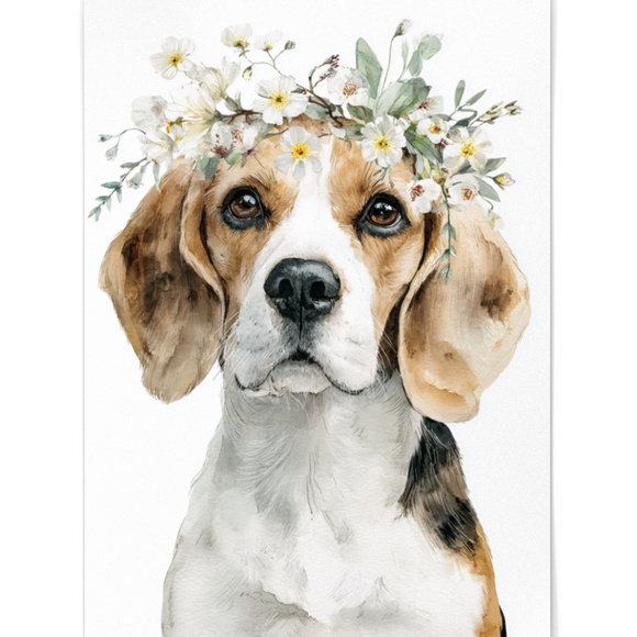 Watercolor Beagle Dog Wall Art Print – Floral Crown Dog Illustration | Unframed - Picture 2 of 5